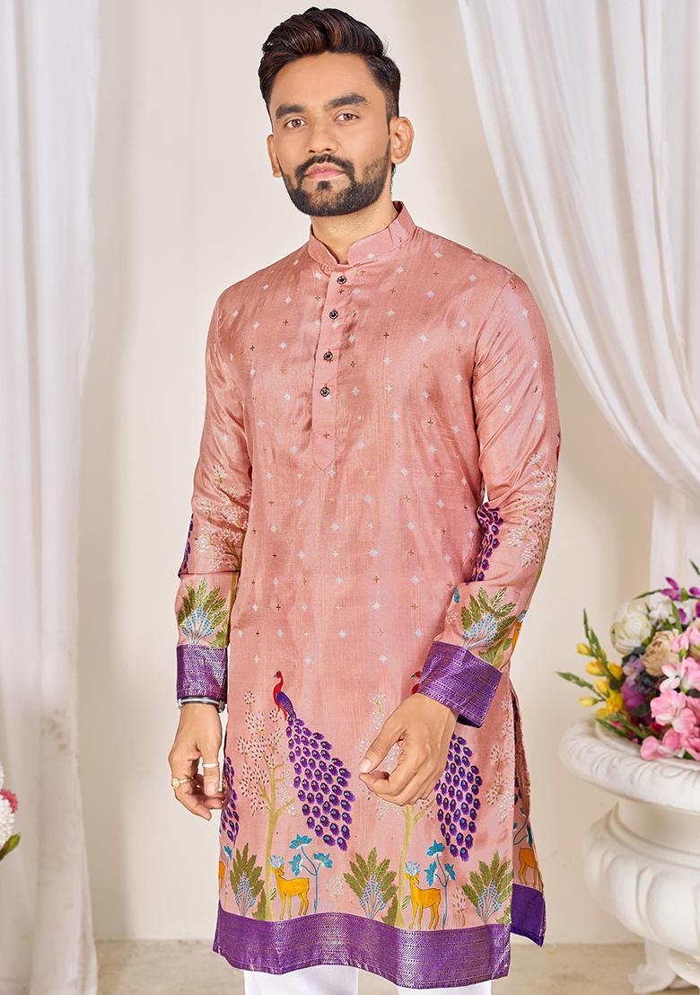 Peach Embroidery Silk Kurta With Pyjama For Men - Indya
