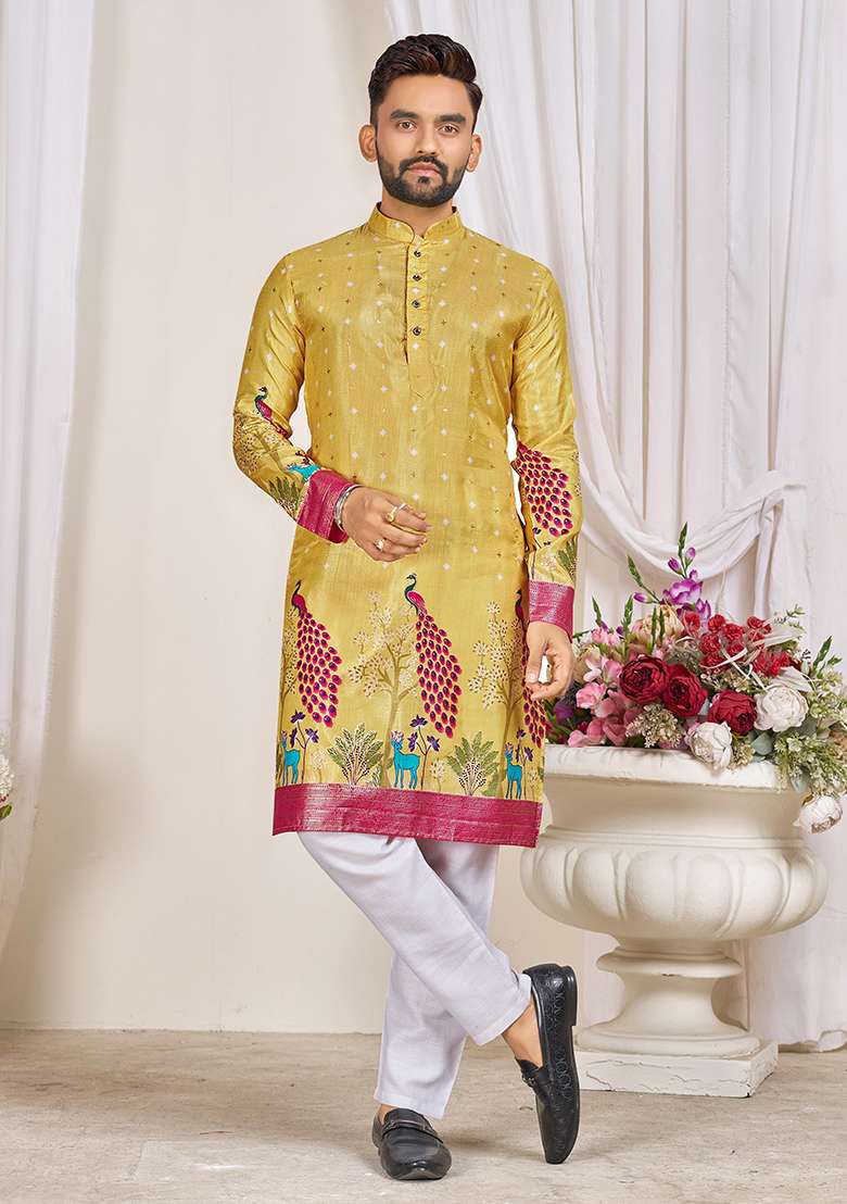 Yellow Embroidery Silk Blend Kurta With Pyjama For Men - Indya