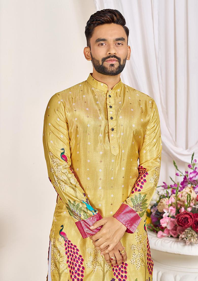 Yellow Embroidery Silk Kurta With Pyjama For Men - Indya