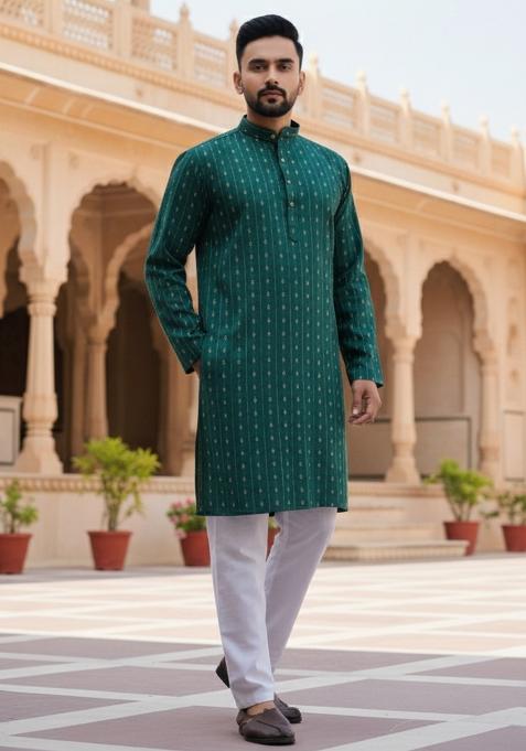 Green Embroidery Cotton Kurta With Pyjama For Men