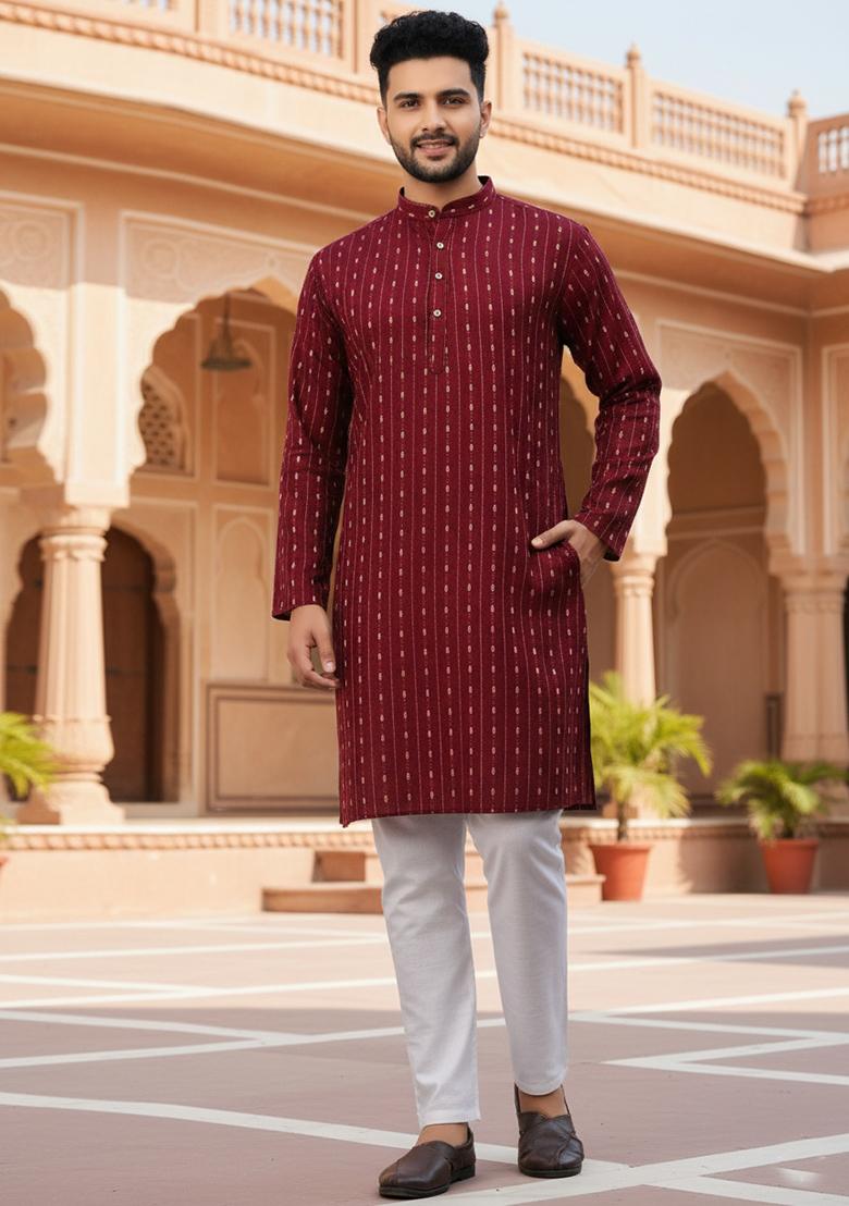Maroon Embroidery Cotton Kurta With Pyjama For Men