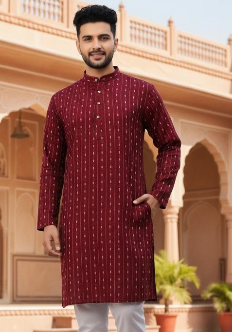 Maroon Embroidery Cotton Kurta With Pyjama For Men