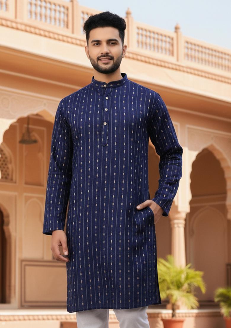 Navy Blue Embroidery Cotton Kurta With Pyjama For Men - Indya
