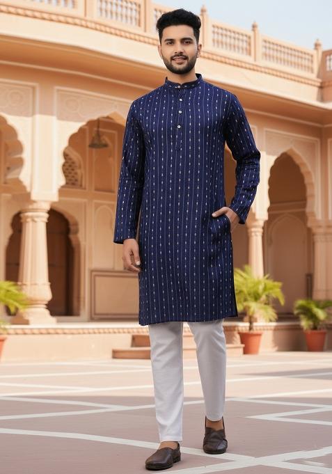 Navy Blue Embroidery Cotton Kurta With Pyjama For Men