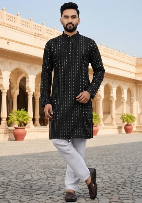 Black Embroidery Cotton Kurta With Pyjama For Men