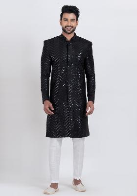 Black Solid Viscose Indo Western Set For Men