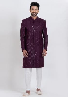 Purple Solid Viscose Indo Western Set For Men