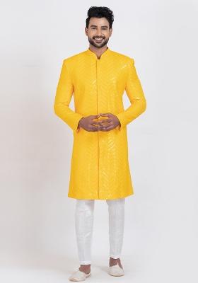 Yellow Solid Viscose Indo Western Set For Men