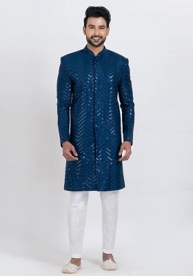 Teal Blue Solid Viscose Indo Western Set For Men