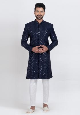 Navy Blue Solid Viscose Indo Western Set For Men