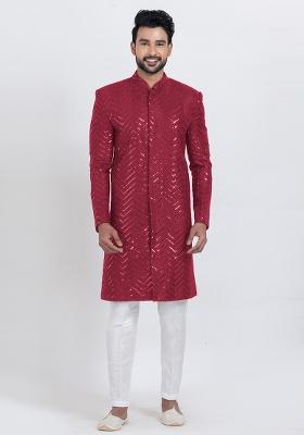 Red Solid Viscose Indo Western Set For Men