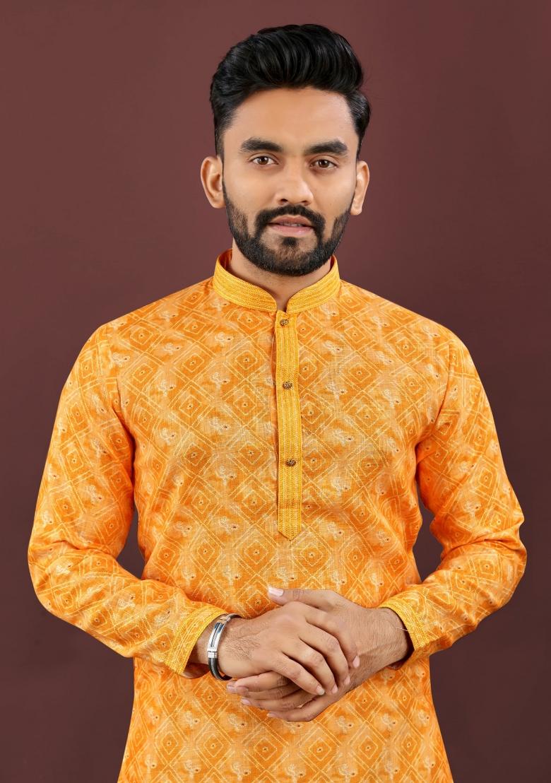 Yellow Printed Linen Kurta For Men - Indya