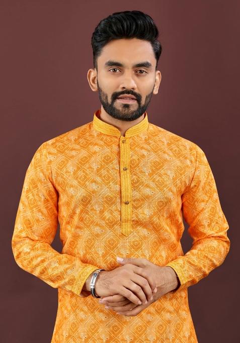 Yellow Printed Linen Kurta For Men