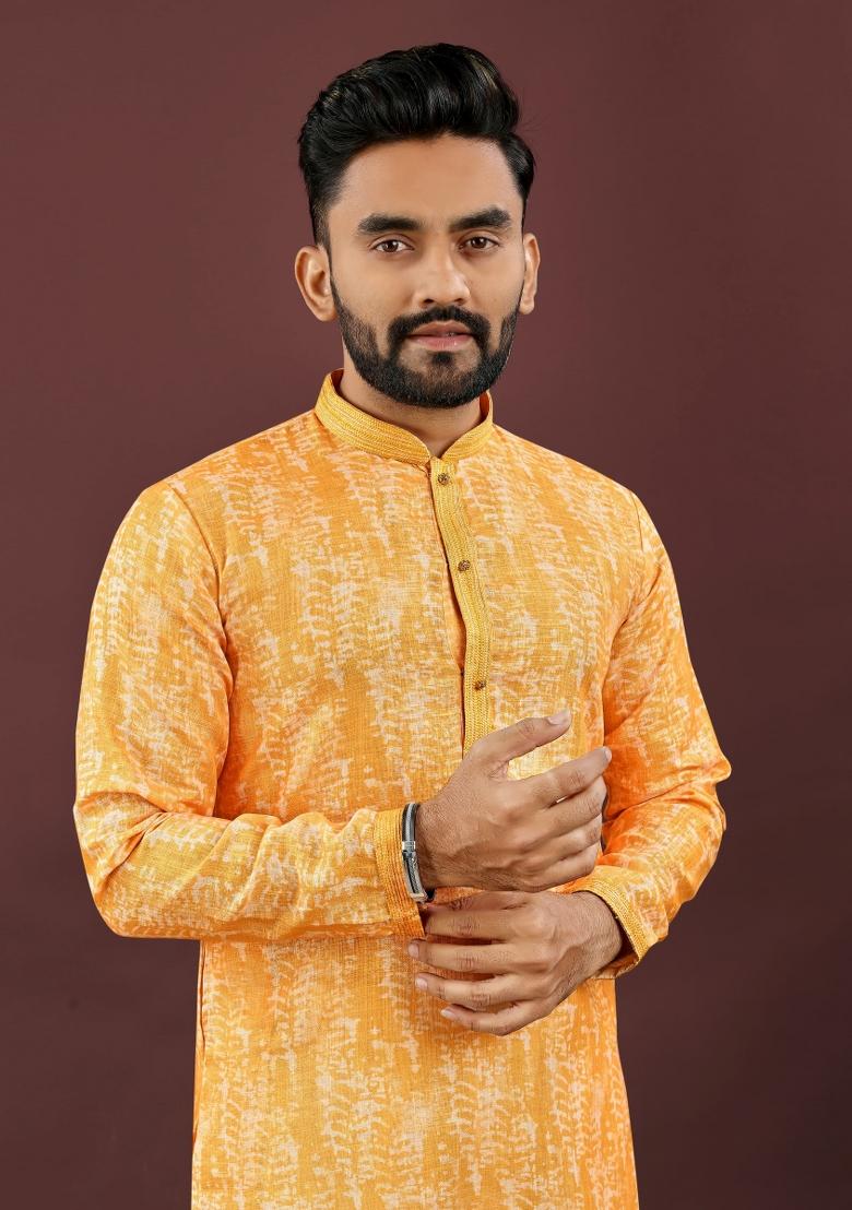Yellow Printed Linen Kurta For Men - Indya