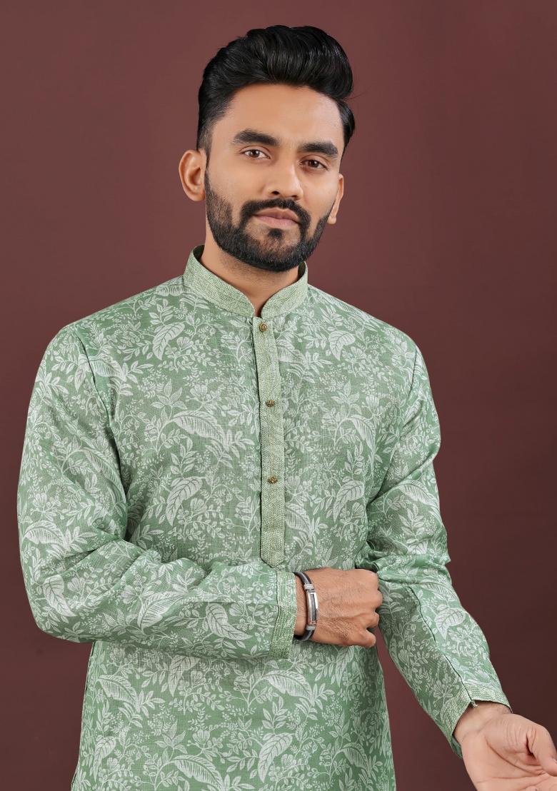Green Printed Linen Kurta For Men - Indya