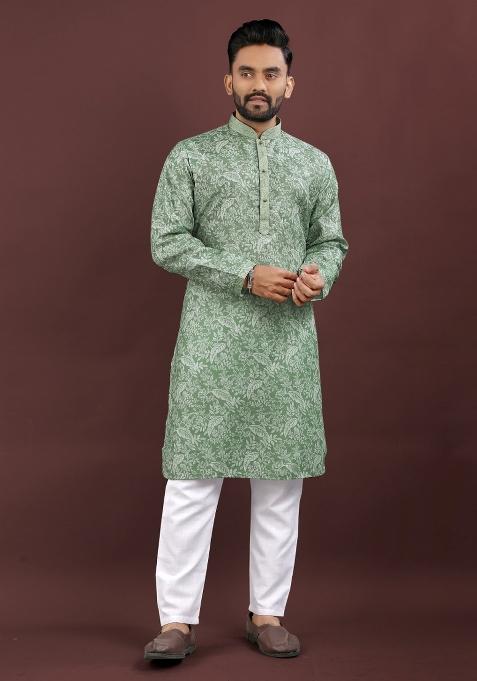 Green Printed Linen Kurta For Men