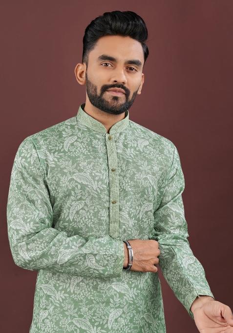 Green Printed Linen Kurta For Men