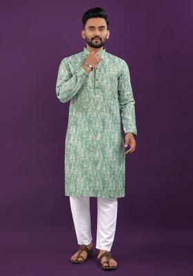 Green Printed Linen Kurta For Men