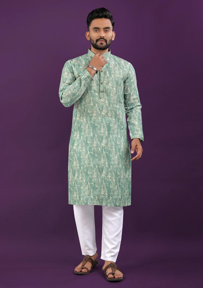 Green Printed Linen Kurta For Men