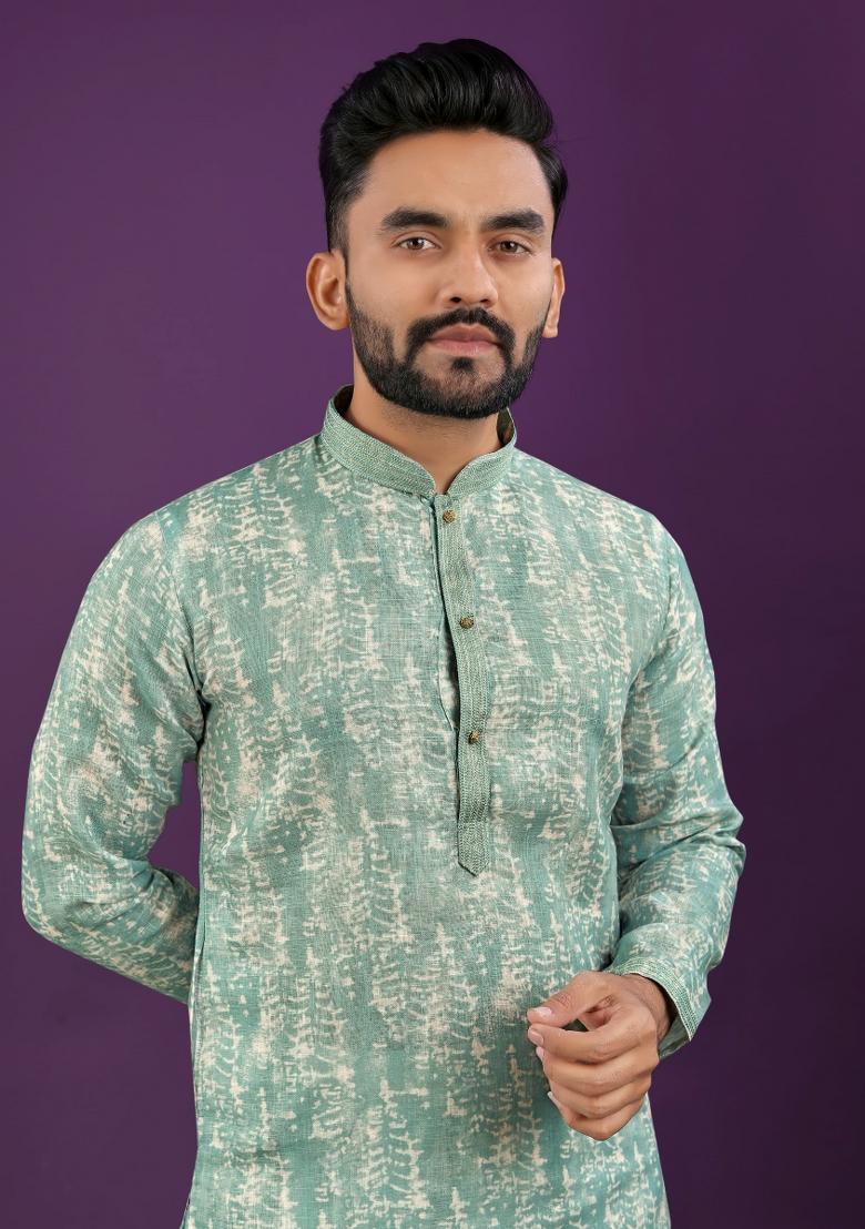 Green Printed Linen Kurta For Men - Indya