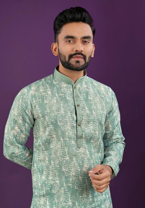 Green Printed Linen Kurta For Men