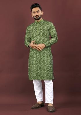 Green Printed Linen Kurta For Men