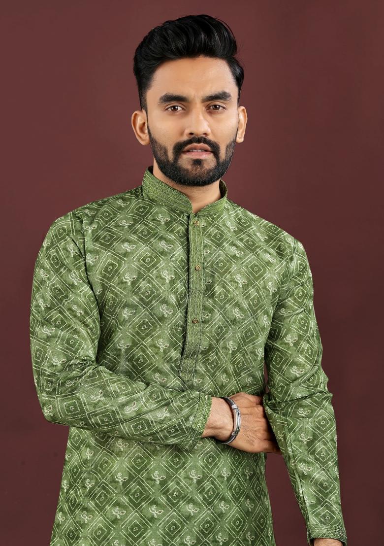 Green Printed Linen Kurta For Men - Indya