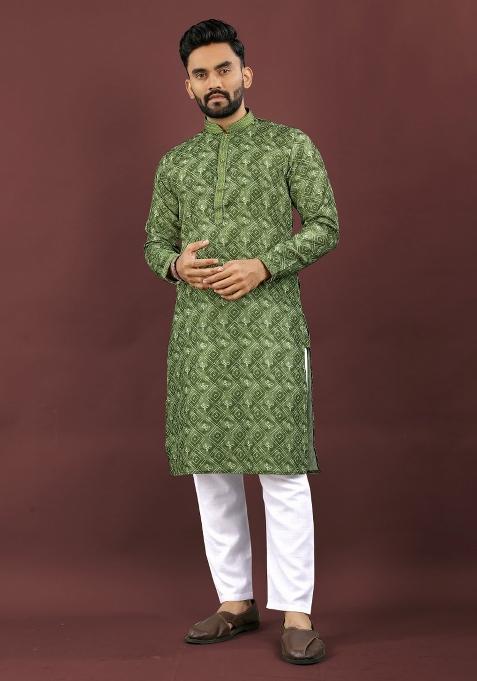 Green Printed Linen Kurta For Men
