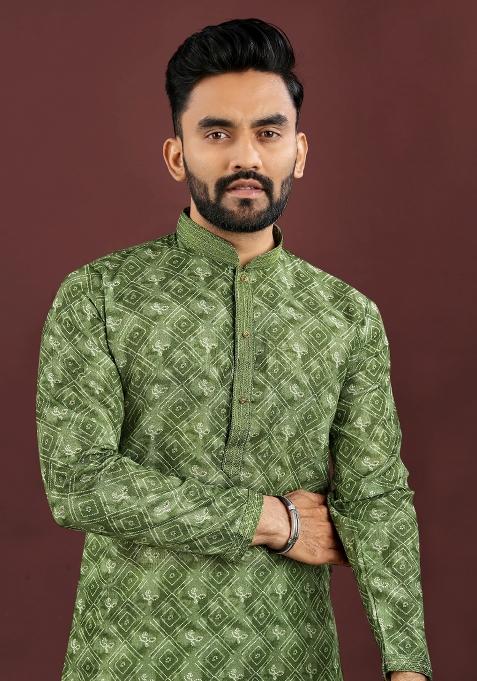 Green Printed Linen Kurta For Men