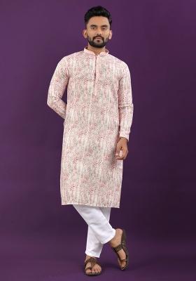 Pink Printed Linen Kurta For Men