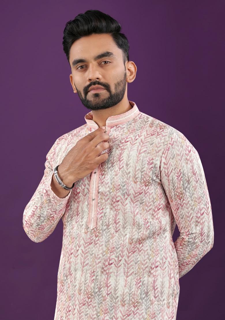 Pink Printed Linen Kurta For Men - Indya