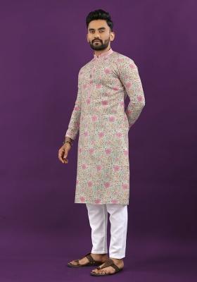 Pink Printed Linen Kurta For Men