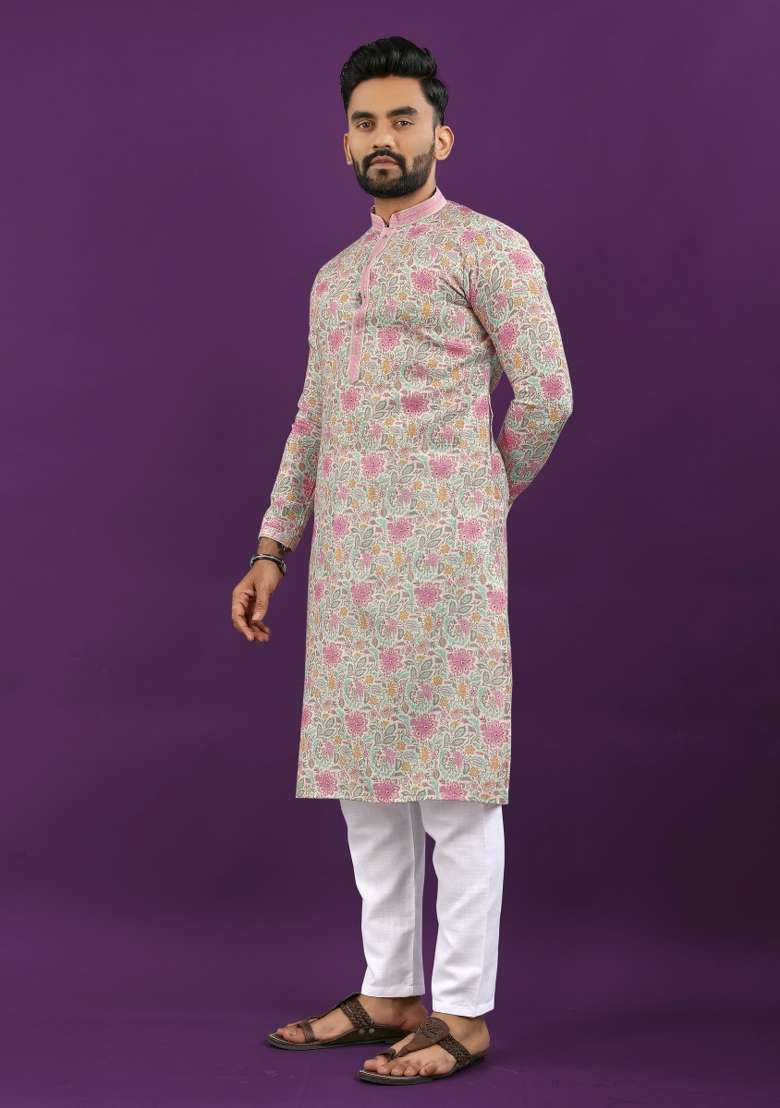 Pink Printed Linen Kurta For Men - Indya