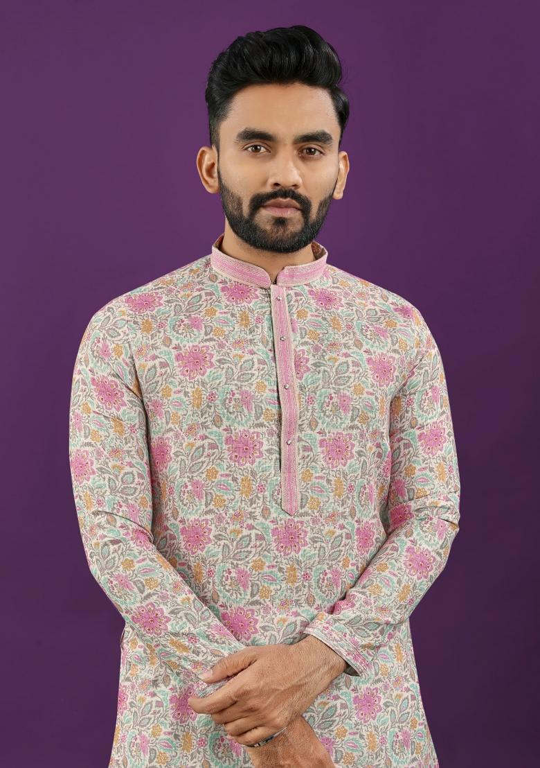 Pink Printed Linen Kurta For Men - Indya