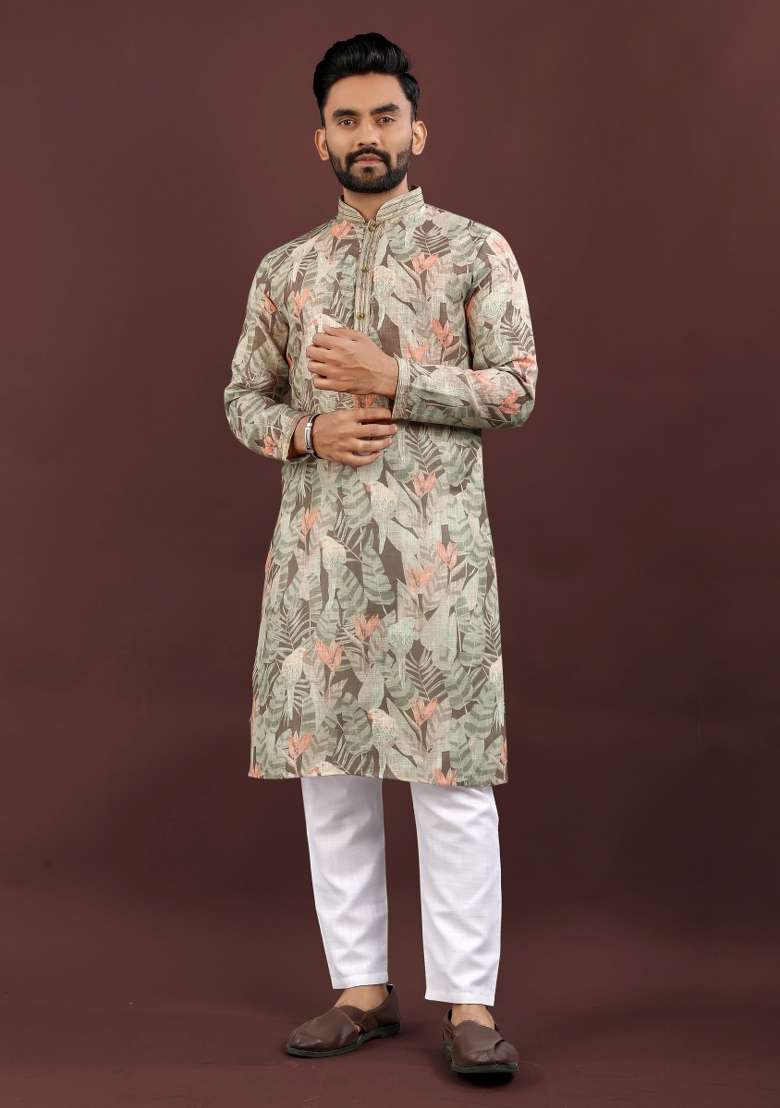 Brown Printed Linen Kurta For Men - Indya