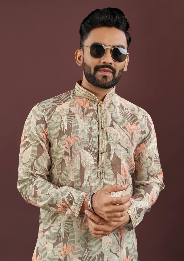 Brown Printed Linen Kurta For Men - Indya