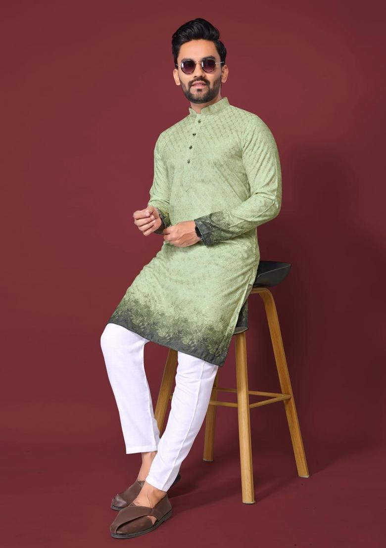 Green Plain Rayon Kurta For Men - Indya