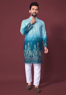 Blue Plain Rayon Kurta For Men