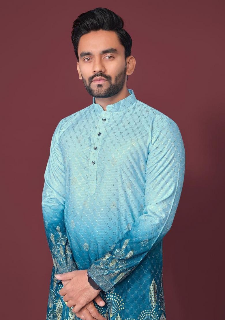 Blue Plain Rayon Kurta For Men - Indya