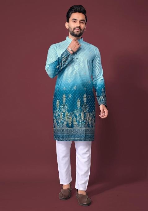 Blue Plain Rayon Kurta For Men