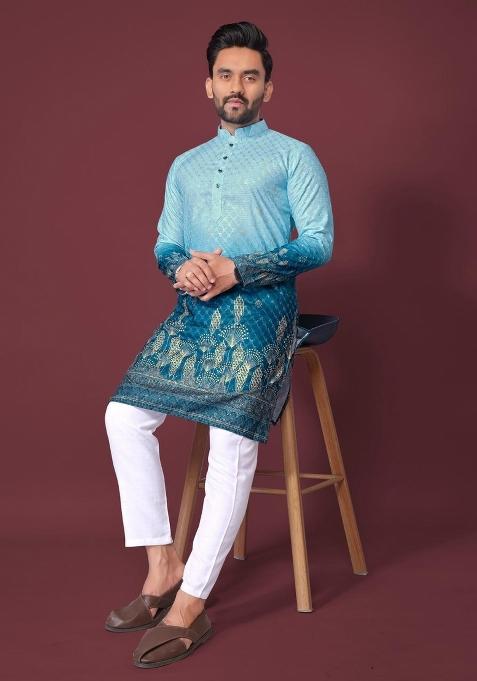 Blue Plain Rayon Kurta For Men