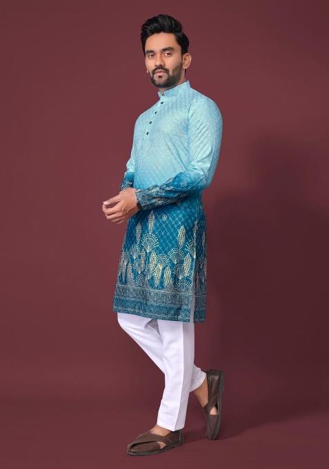 Blue Plain Rayon Kurta For Men