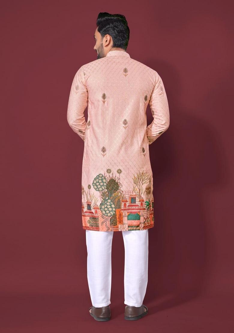 Pink Plain Rayon Kurta For Men