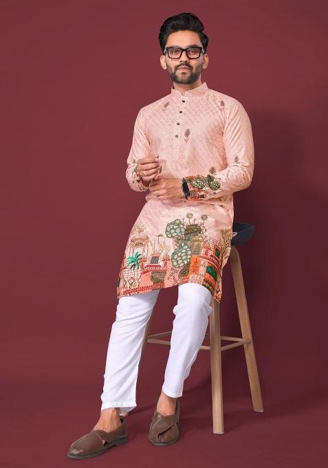 Pink Plain Rayon Kurta For Men