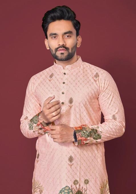 Pink Plain Rayon Kurta For Men