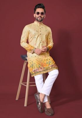 Yellow Plain Rayon Kurta For Men