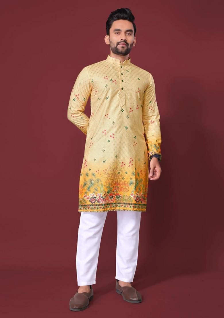 Yellow Plain Rayon Kurta For Men - Indya