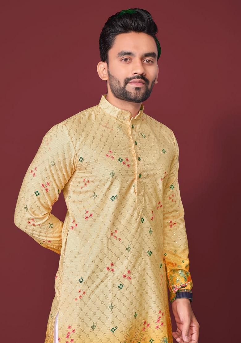 Yellow Plain Rayon Kurta For Men - Indya