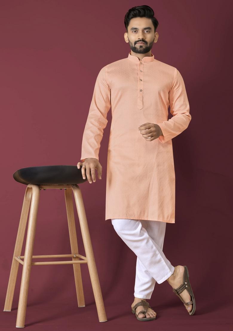 Orange Plain Silk Kurta For Men