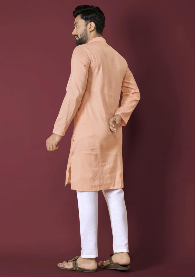 Orange Plain Silk Kurta For Men